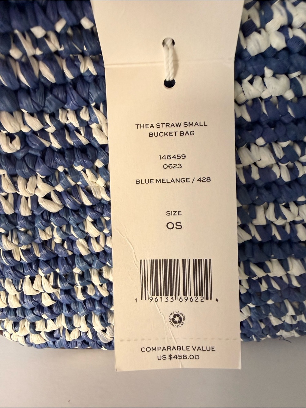 Tory Burch Thea Straw Small Bucket Bag Blue Melange Woven Raffia $458 - Picture 16 of 16